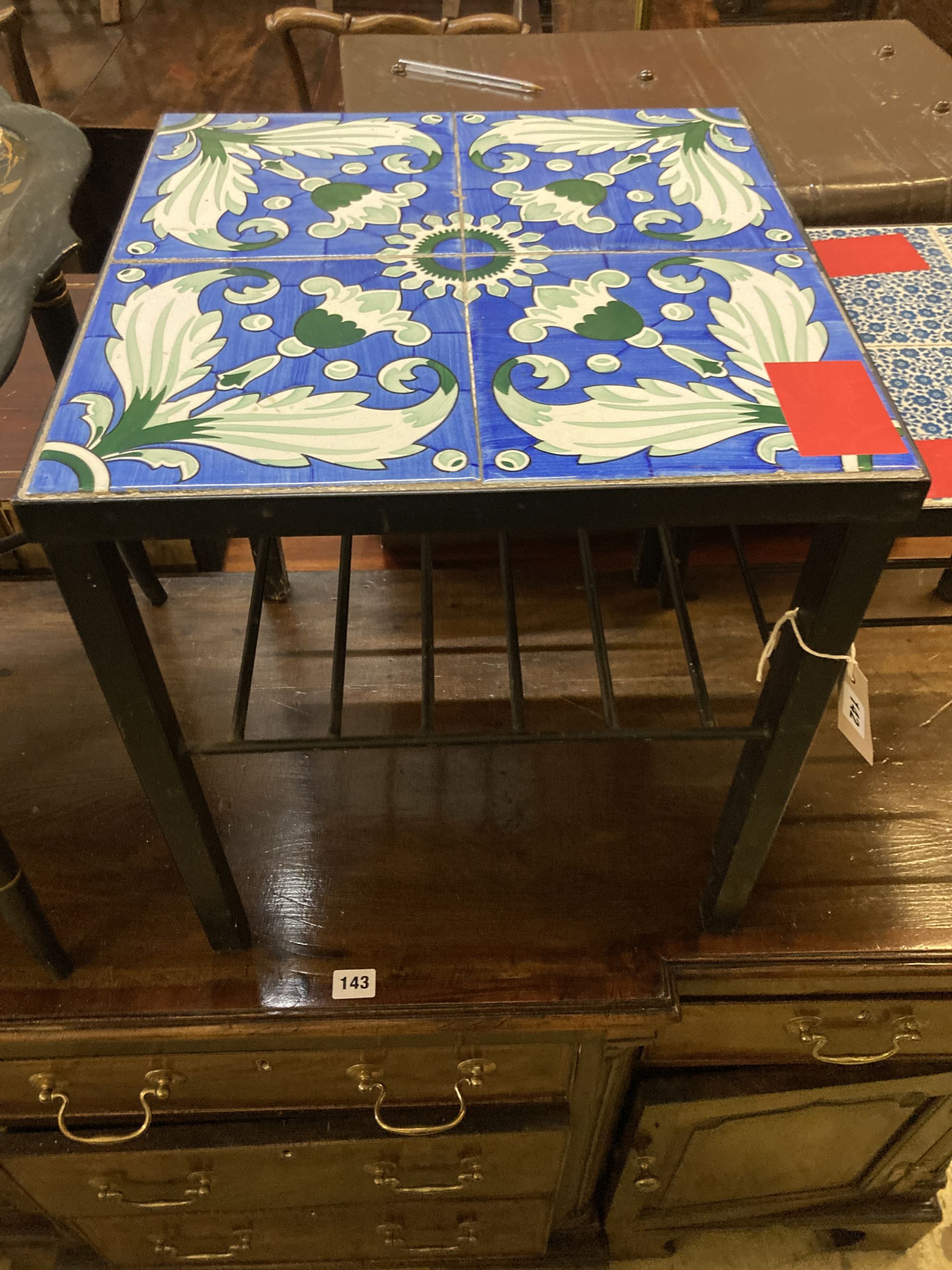 Two mid century design square tiled top occasional tables, larger 41cm, height 46cm